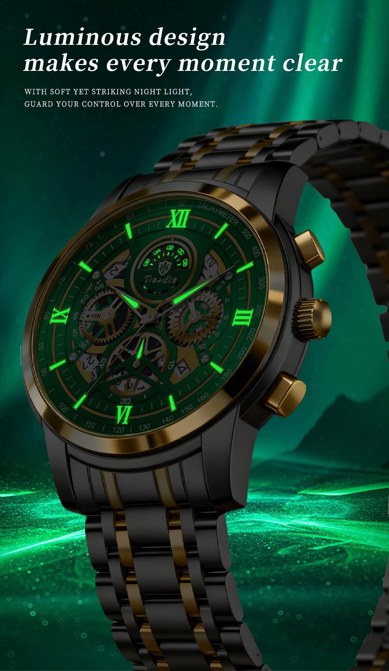 The  men's business fashion watch features an analog quartz movement with a Swiss original core, offering chronograph functionality, luminous display capabilities, and water resistance. Suitable for parties and everyday wear, it also makes an idea