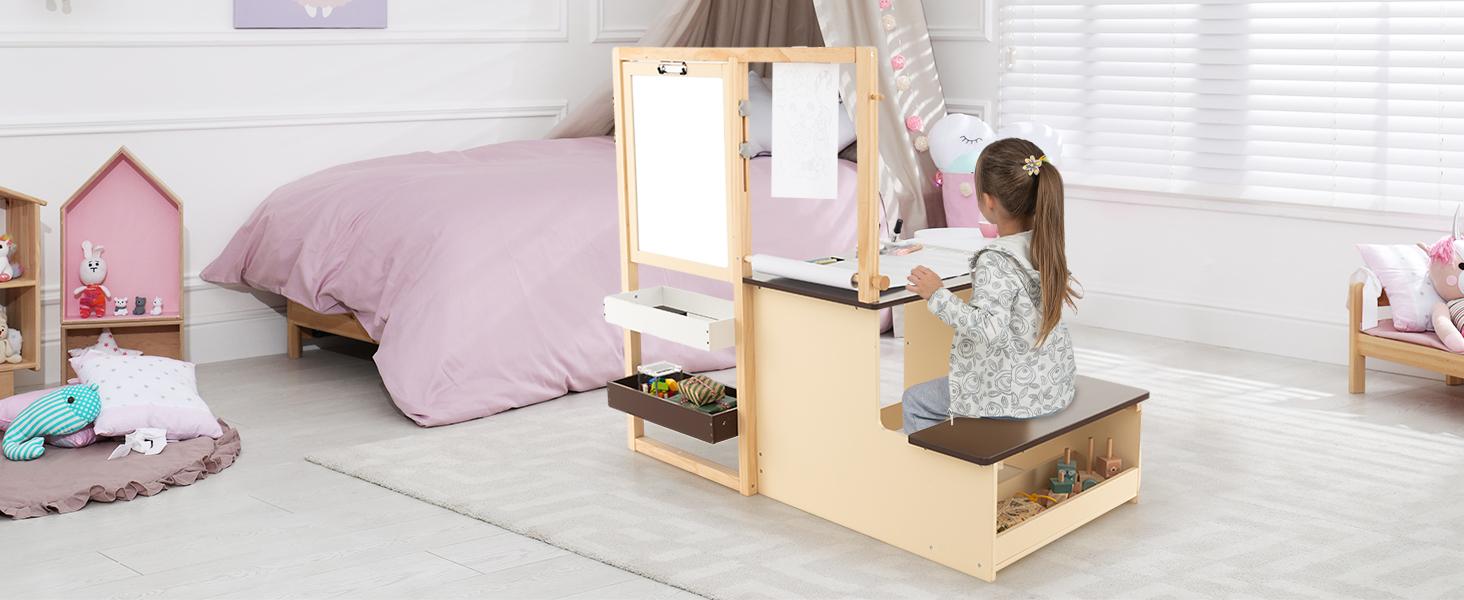 Costzon Easel for Kids, Wooden Art Center with Double-Sided Blackboard & Whiteboard, Paper Roll for Drawing, Crafts, Writing, Toddler Activity Table with Storage, Kids Table and Chair Set