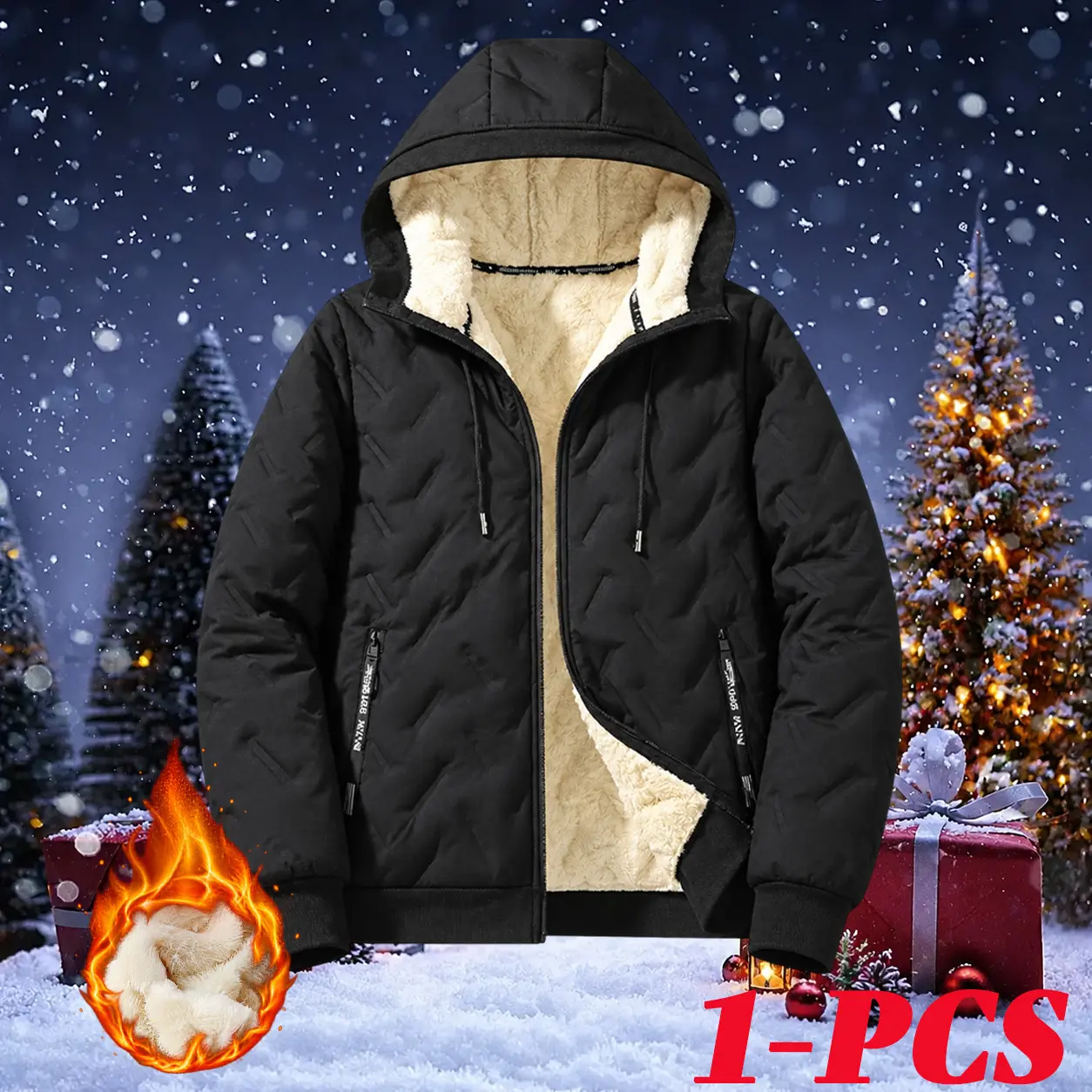 Men’s thick long-sleeve hooded down jacket with wool-cotton blend, full zip closure, soft polyester lining, zippered pockets; warm regular fit winter outerwear, machine washable casual men’s coat.