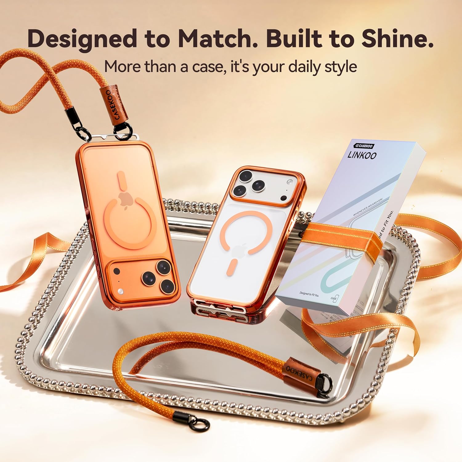 CASEKOO Linkoo 1st Magnetic iPhone 17 Pro Max Case with Foldable Invisible Lanyard Buckle Wrist Strap, Anti-Fall, Aluminum Alloy Lens Protection, Tether Phone Case, Hiking Daily Commute, Glossy Orange