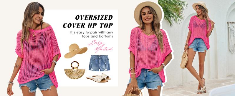 Imily Bela Crochet Sweater Tops Batwing Short Sleeve Oversized Boat Neck Boho Knit Summer Beach Cover Ups