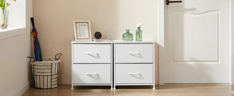 Sweetcrispy Bedside Table - 2 Fabric Drawers, Adjustable Height Legs, Functional Indoor Bedside Storage for Small Bedroom Spaces, Apartment Furniture, Household Items, Room Decor