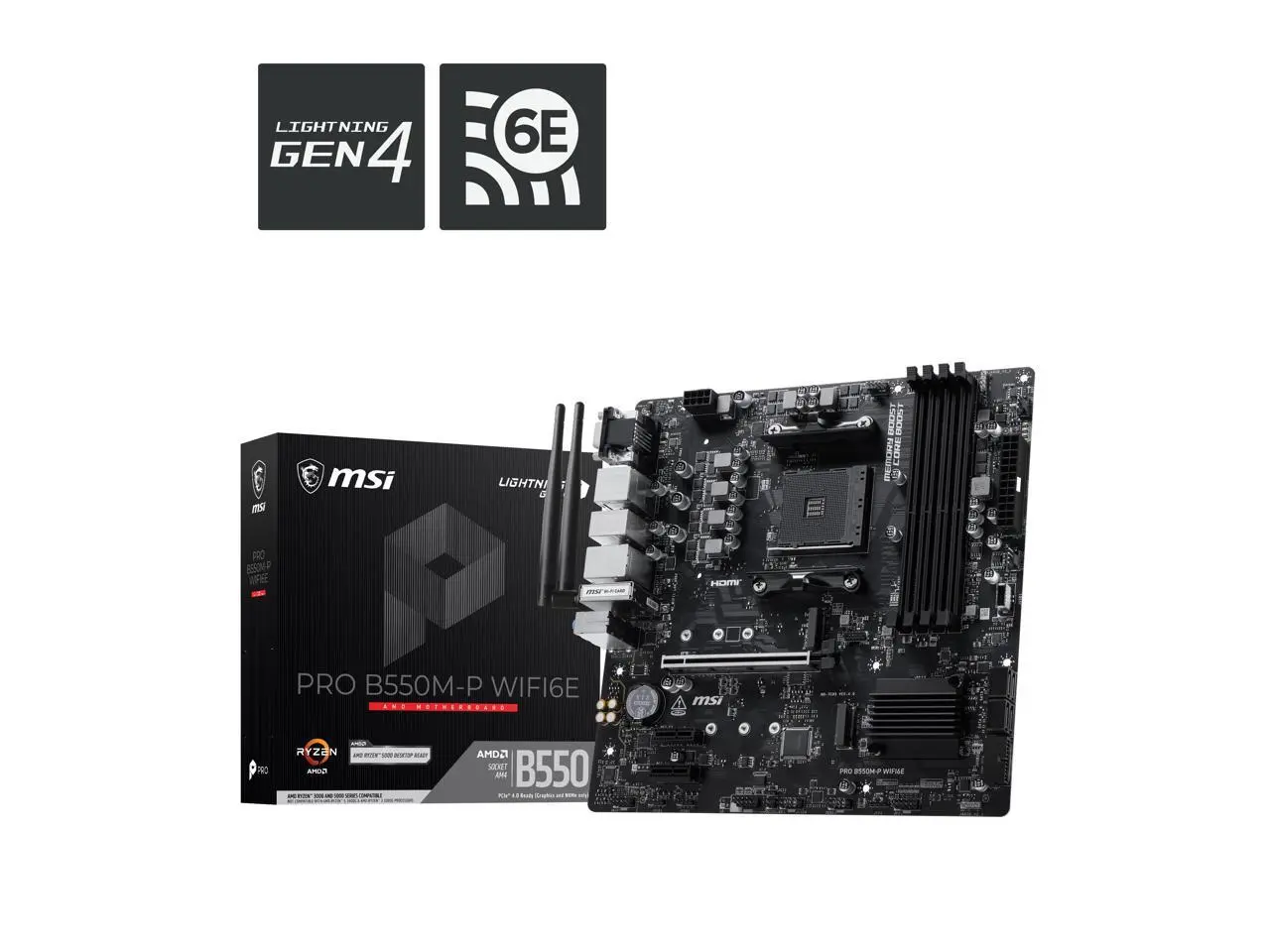 MSI PRO B550M-P WIFI6E AM4 AMD B550 Micro ATX Motherboard - DDR4 4400+, PCIe 4.0, Dual M.2 (Gen4), Wi-Fi 6E, BT 5.3, Front USB-C, Realtek 1GbE LAN
