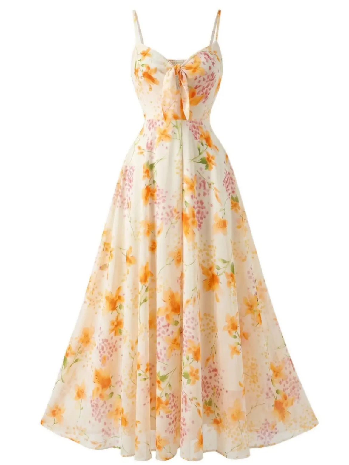 Yellow 1930s Floral V-Neck Bohemian Slip Dress women long sundresssummer dresses vacation outfits BackToSchool Sohochic Fall Dresses Fall outfits Fall fashion
