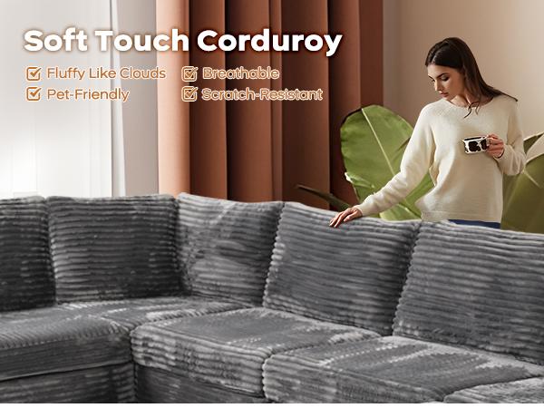 【6 Packages Shipping】Ovios 131" Modular Sectional Sofa Couch  with Ottoman, U-Shaped Minimalist Couches with 2 Oversized Chaise, L-Shaped Modern Deep Seat Cloud Plush Corduroy Sofas Set for Living Room, 6 Seater