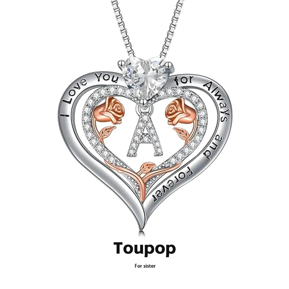925 Sterling Silver Gifts for Women,Heart Rose A to Z Initial Letter Pendant Necklace with Forever Love Heart Jewelry Mothers Day Birthday Gifts for Her Wife Mom Sister Girlfriend