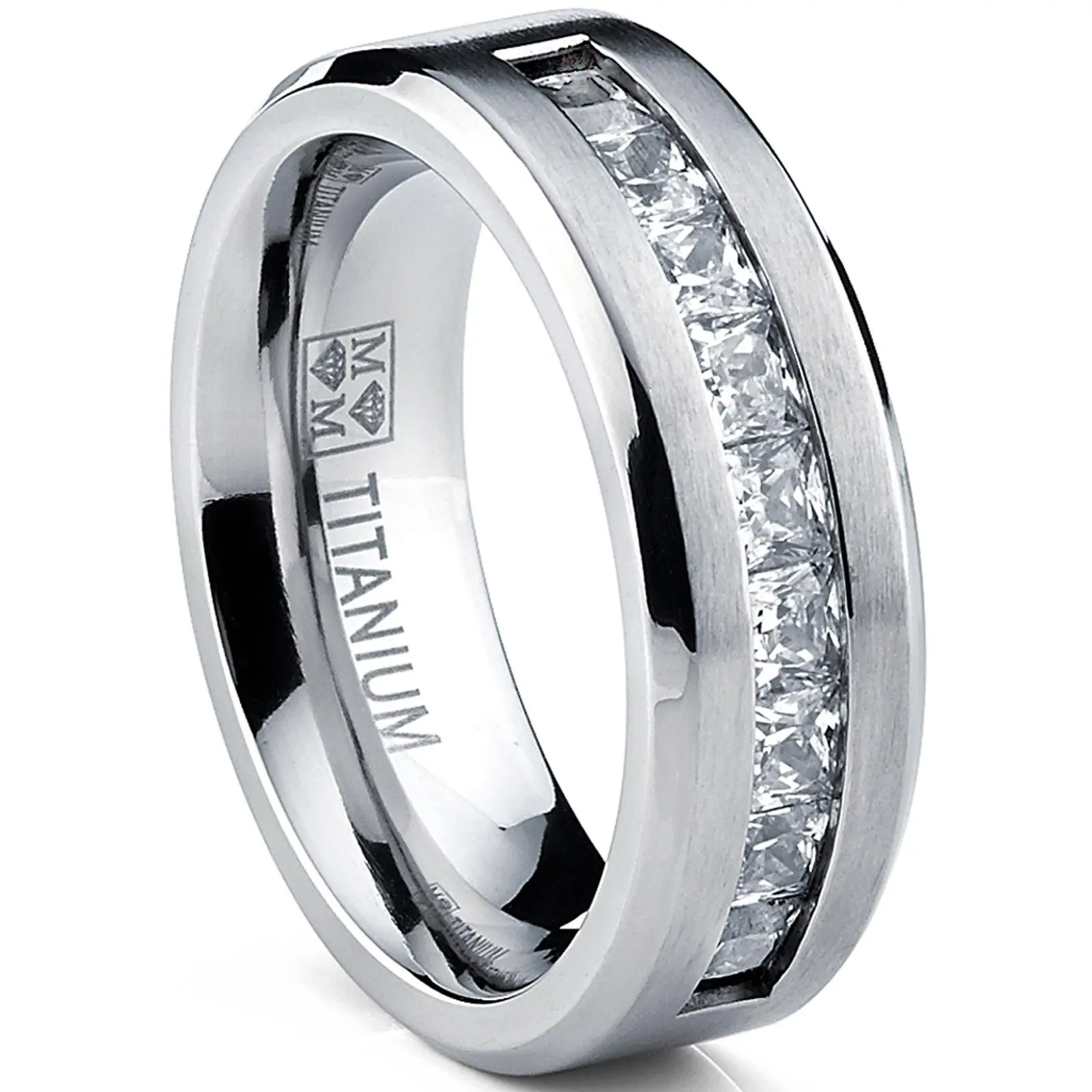 Genuine Solid Titanium Men's Wedding Band - 1Ct, 9 Large Princess Cut Cubic Zirconia, Beveled Edges, High Polish, Men's Accessories, Ideal Mens Gifts, Titanium Built To Handle Daily Wear, Ring, Tarnish Resistant Ring, Engagement Rings