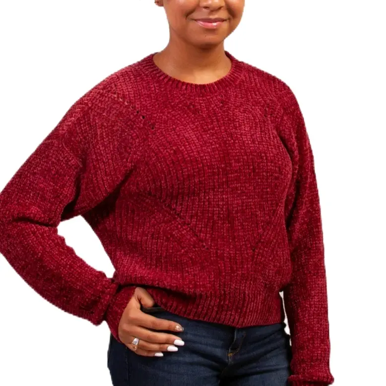 Long Sleeve Crew Neck Knit Sweater (  Maroon / Gold / Purple  / Rose Pink / Blue )  Small - Medium