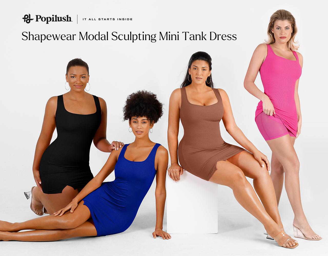 Popilush 8-in-1 Shapewear Square Neck Mini Dress Wide Straps Built-In Bra Thigh Slit Tummy Control Going Out Breathable Body Shaper Womenswear