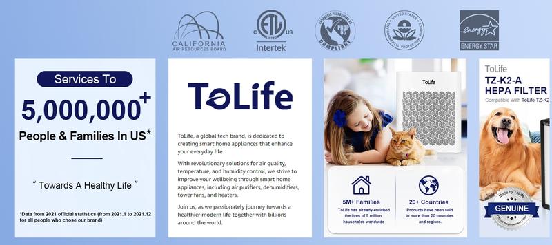 ToLife NEW - TZ-K2 Air Purifier (Covers up to 1095 Sq Ft) - HEPA Filter, Removes Smoke, Pollen, Pet Dander, PM2.5 Display, Auto Mode, Timer, Ideal for Large Rooms