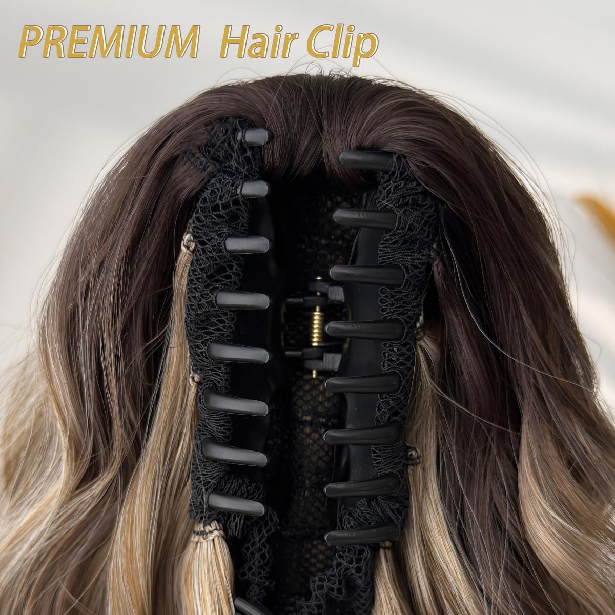 HEYPINK Short Claw Ponytail Extension - 18in Black-Brown Ombre Water Wave, Heat-Resistant Synthetic Fiber Hairpiece with Hair Transition for Women, Party & Daily Use