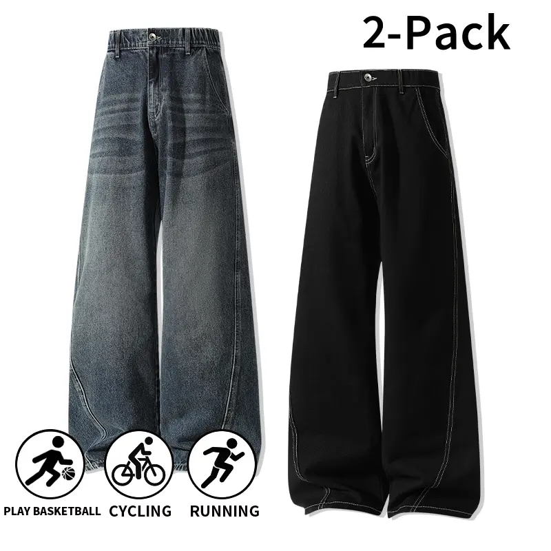 2 Pieces Two Tone Baggy Wide Leg Denim Jeans Y2K Hip Hop Streetwear Loose Pants for Sports & Everyday Outfits