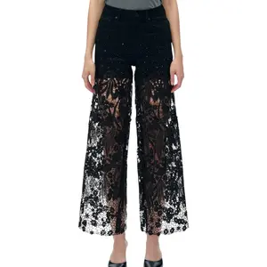 High Rise Lace Wide Leg Jean - Black