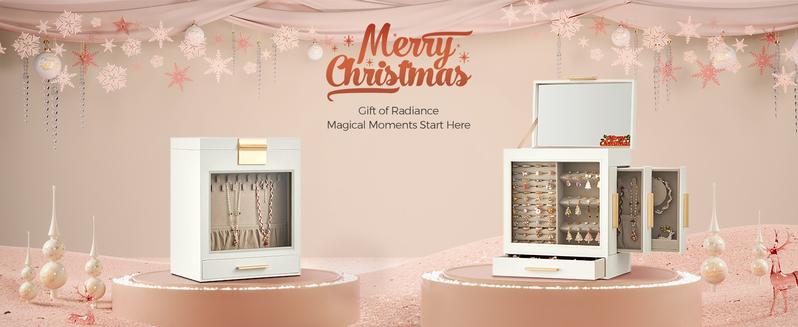 SONGMICS Jewelry Box with Glass Window, 5-Layer Jewelry Organizer with 3 Side Drawers, Jewelry Storage, with Big Mirror, Modern, 6.1 x 10.3 x 12.6 Inches