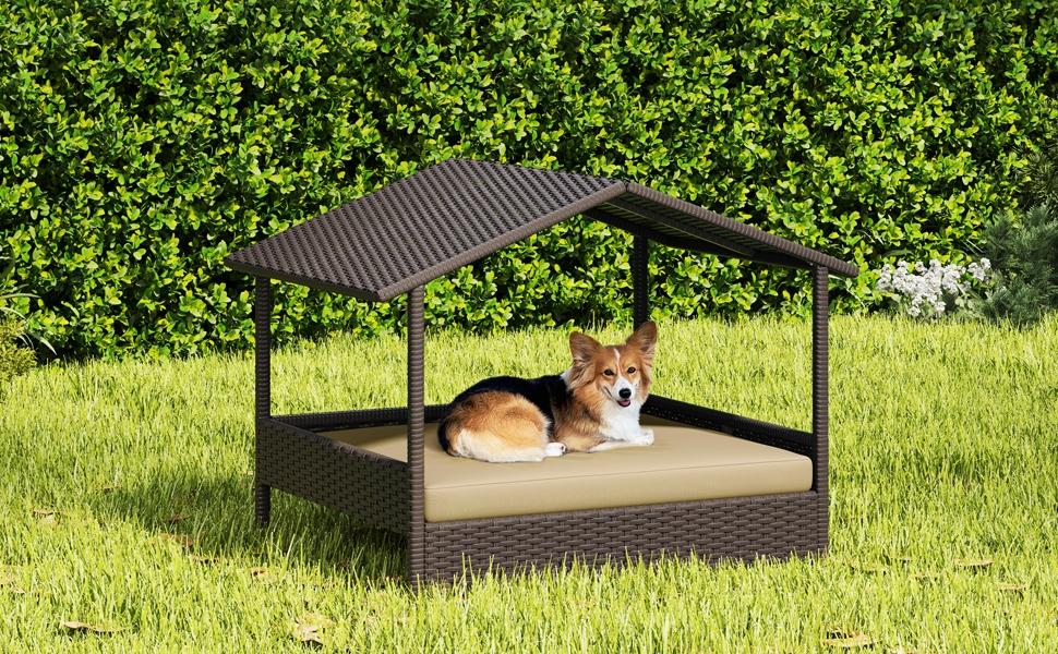Yaheetech Rattan Dog House, Outdoor Elevated Dog/Cat/Rabbit Bed with Canopy and Foam Cushion, Raised Pet House for Indoor and Outdoor