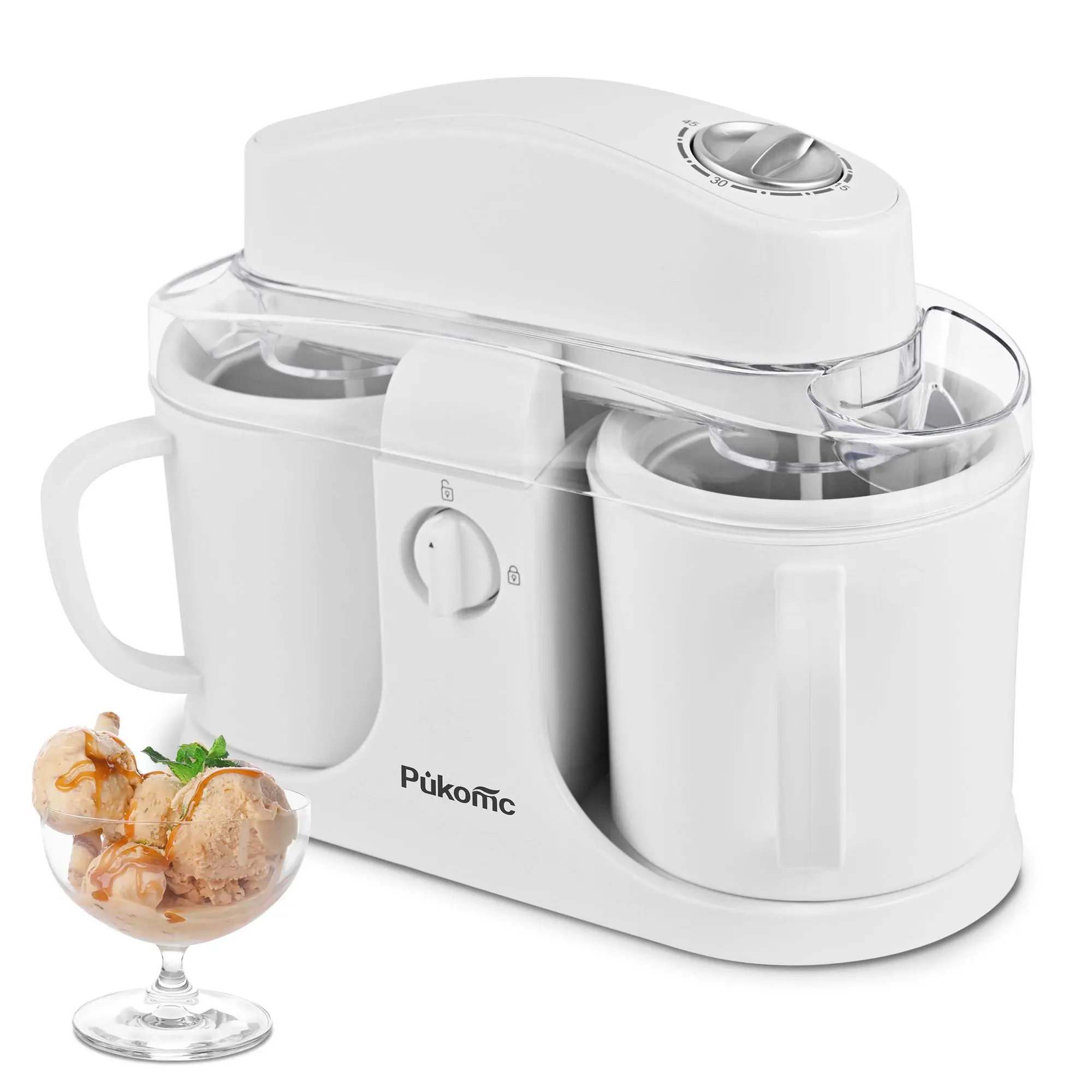 Pukomc 2-in-1 Personal Ice Cream Maker - Countertop Home Kitchen Appliance with Fast-Chill Bowl, Rapid Chill Technology, Press Button, Simple Mix for Homemade Gelato, Sorbet, Freezer Bowl