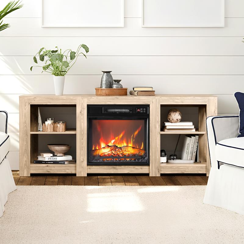 Fireplace Media Console Table for Living Room, Fireplace TV Stand for up to 70'' TVs, Modern Entertainment Center with 18'' Electric Fireplace Heater