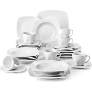 MALACASA Plates and Bowls Set for 6, Grey White Square Dinnerware Sets, 18/30-Piece Porcelain Dishes Set with Plates, Bowls, Cups and Saucers, Dinner Set Microwave Safe, Series Julia