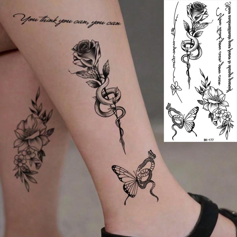 8-Piece Floral Temporary Tattoo Stickers Set, Butterfly Snake Feather Letter Patterns, Non-Reflective Fake Tattoos for Hands & Body Art, Temporary Tattoo Kit
