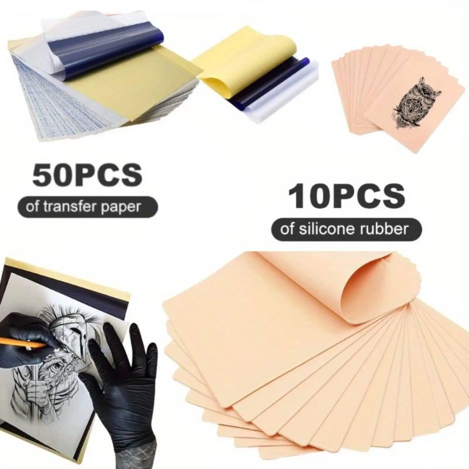 10 Pcs Tattoo Practice Skin and 50 Pcs Tattoo Transfer Paper,Tattoo Practice Skin with Transfer Tattoo Fake Skin and Stencil Paper Kit,for Beginners Experienced Artists Cosmetic
