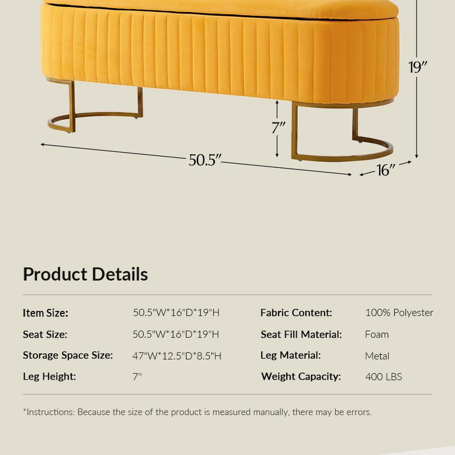 HULALA HOME 50.5" Storage Ottoman Bench Velvet Upholstered with Glossy Metal Base Flip-Top Lid End of Bed Bench for Bedroom & Entryway Classic Design