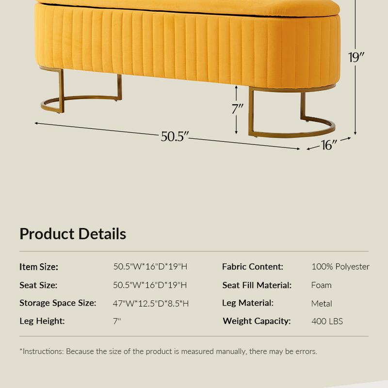 HULALA HOME 50.5" Storage Ottoman Bench Velvet Upholstered with Glossy Metal Base Flip-Top Lid End of Bed Bench for Bedroom & Entryway Classic Design