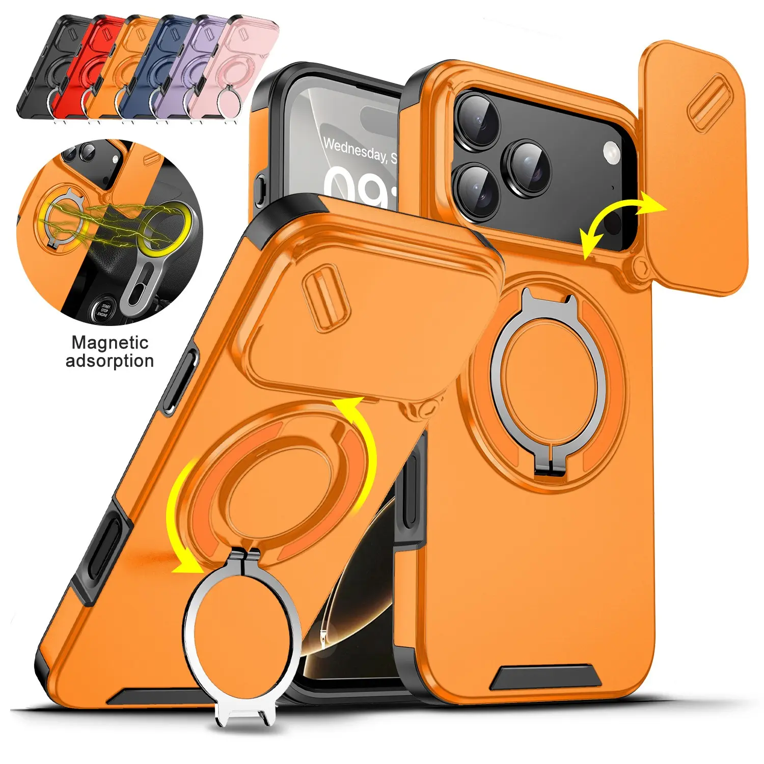 OREKROY Phone Case for iPhone 17 Pro Max /17 Air /16/15 Pro Max/14 Plus/13/12, Phone Accessories with Slide Camera Lens Protector Cover, 360-Rotating Ring Kickstand, MagSafe Magnetic Holder, Military-Grade Shockproof Casing