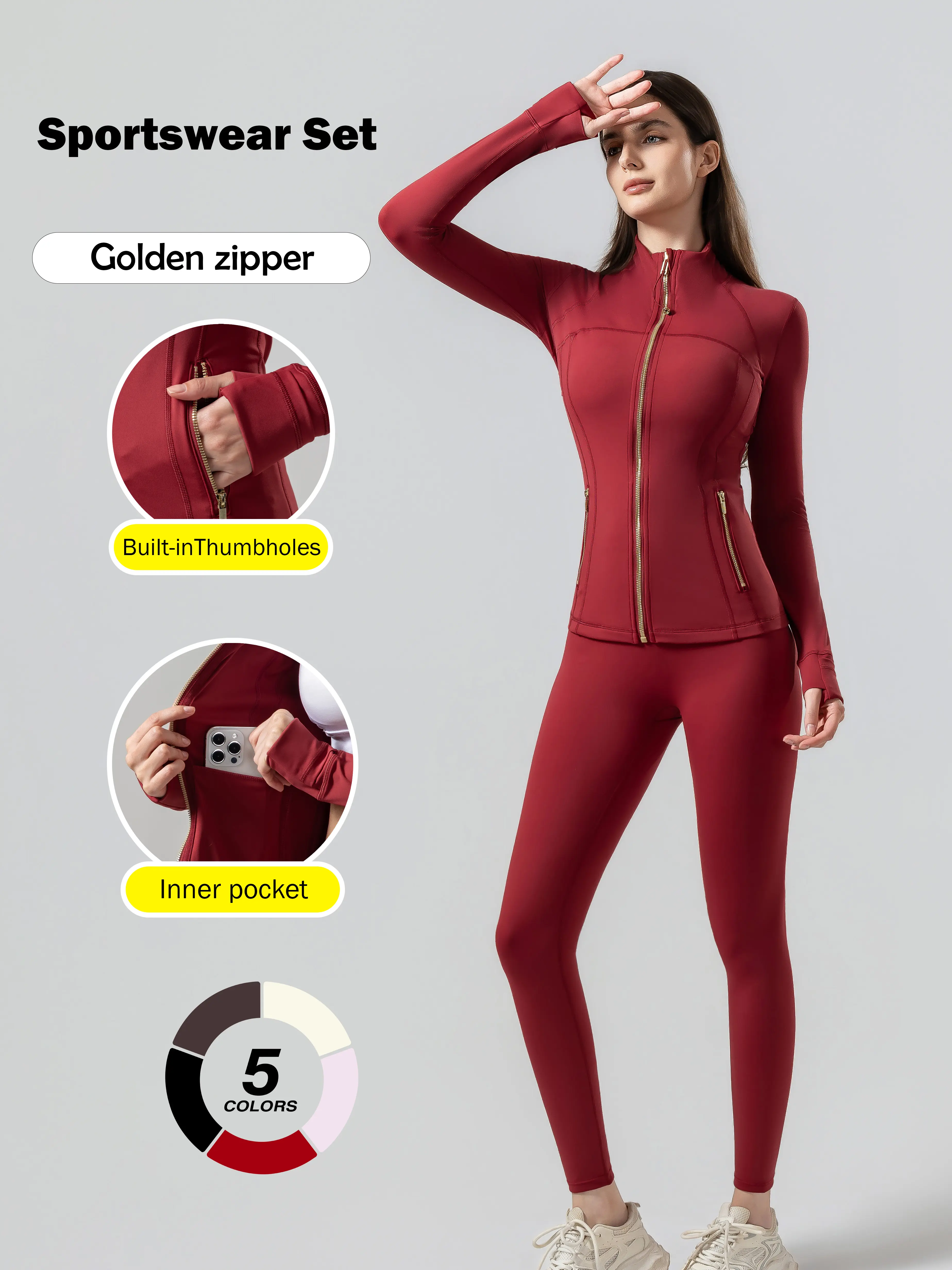 [Gold Zipper] High-Stretch Women's Sports Jacket, High Waist Sports Leggings, High Stretch Seamless Yoga Leggings. Gold zipper jacket with pockets and thumbhole design. Women's casual wear, workout wear.summer outfits