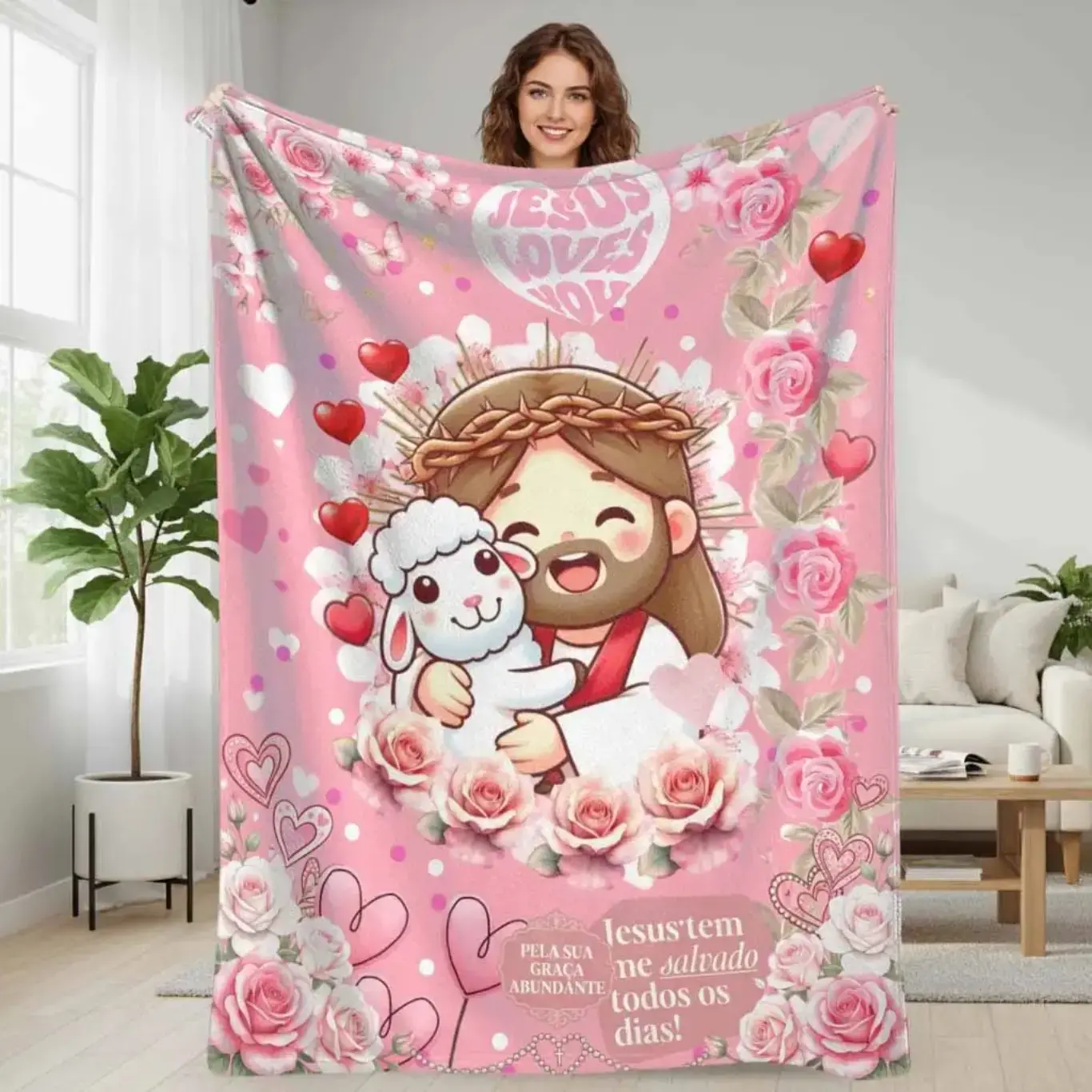 Jesus Loves You Flannel Fleece Blanket Adorable Jesus and Lamb Print Soft Cozy Throw Blanket Ultra Soft Warm Lightweight Home Decor Blanket for Couch Sofa Bedroom Christmas Gift Easter Celebration Valentine's Day Present Christian Family Gift