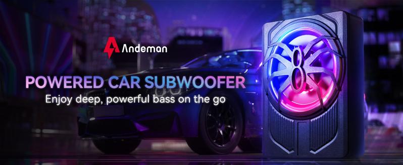 ANDEMAN 1200W Car Subwoofer with APP Control and Colour Light, 10'' Slim Under Seat Powered Car Subwoofer w/Built-in Amplifier & Hi/Lo Input, Bass Speaker Subwoofer for Car/Truck/SUV/Jeep/MPV