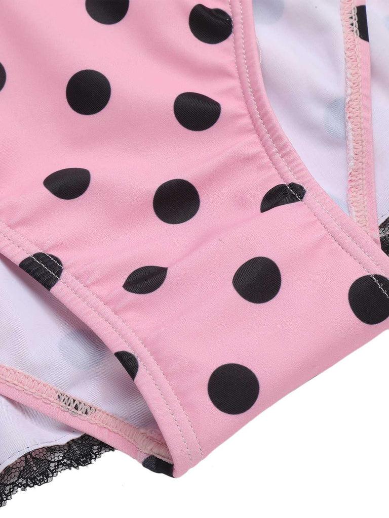 PINK 1940S HALTER POLKA DOTS BOW ONE-PIECE SWIMSUIT Vintage Charm Dainty Bow Ruffled Hem Comfortable Fit Backless Design Womenswear Comic Womenswear