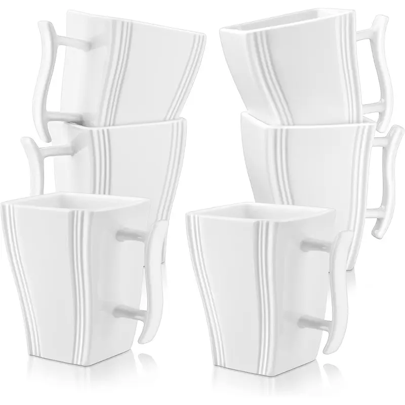 MALACASA Flora Series 6-Piece High-Quality Porcelain Modern Coffee Service Set - 350ML Square Coffee Cups, Elegant Curves, 0-500ML Capacity, Dishwasher Safe for Everyday Family Dinners & Party Use