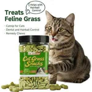 Pet Snacks13.4 OZ Cat Grass Treats Natural Salmon Flavor Healthy Cat Snacks Training Biscuits Catnip for Cats Dental and Hairball Control Treats Remedy Chews