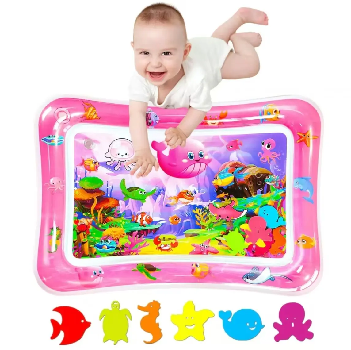 PVC Inflatable Baby Water Play Mat - Leak-Proof, Portable, Waterproof to Keep Dry, 3-12 Month Infant Developmental Tummy Time Toy, Animal-Themed Activity Play Mat, Summer Pool Sensory Learning Baby Item Gift, Play Mat For Babies Nursery Development Mat Pl