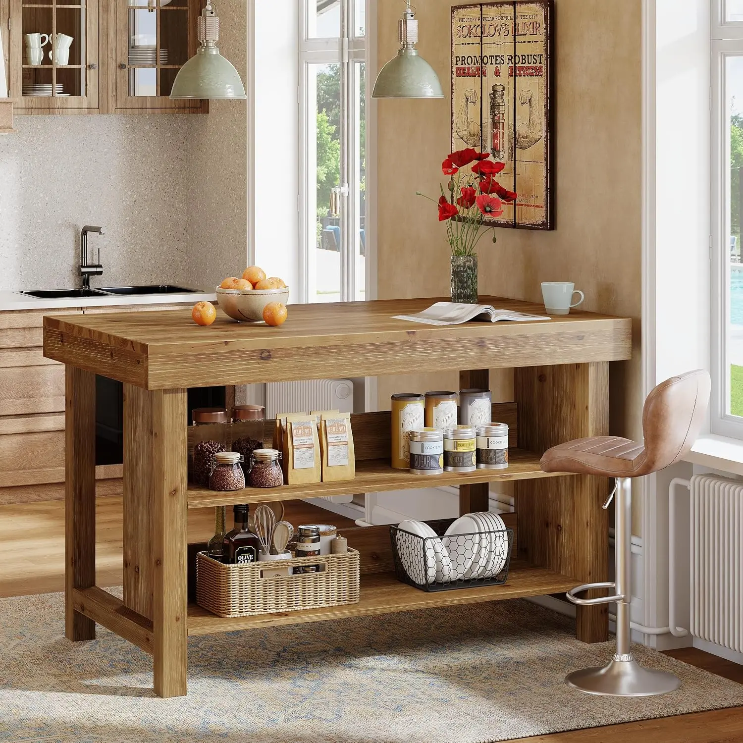 TRIBEWOOD Solid Wood 55-in Rectangular Kitchen Island Table - 3-Tier Stationary Center Table with Open Shelves, Farmhouse Counter Height Coffee Bar for Kitchen, Dining Room