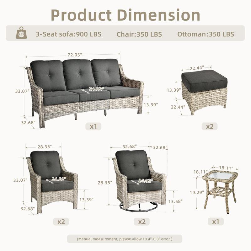 Outdoor Wicker Patio Furniture Set 8-PCS with A 3-Seat Sofa, 2 Swivel Rocking Chairs, 2 Armchairs, 2 Ottomans and 1 Side Table Patio Conversation Set for Comfortable Outdoor Space