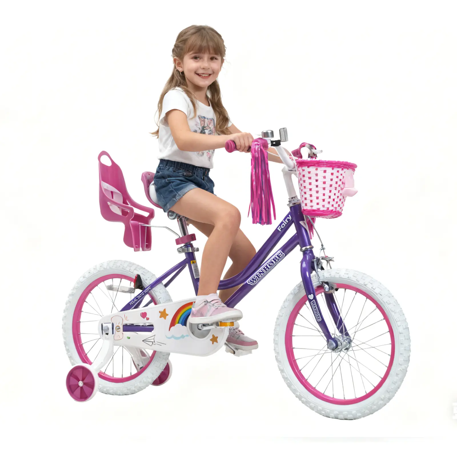 Winhope Little Fairy Children’s Bicycle for Ages 2–9 | 12–20 inches with training wheels, front basket, doll seat, handlebar streamers | 95% pre-assembled, dual brakes, adjustable seat/handlebar