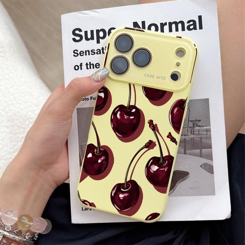 Low-Saturation Retro Red Cherry Pattern Dopamine Ins Style Solid Color Phone Case Ultra Skin Friendly Touch All Inclusive Lens Compatible with Apple iPhone 17 Air 16 15 14 13 12 Por Max