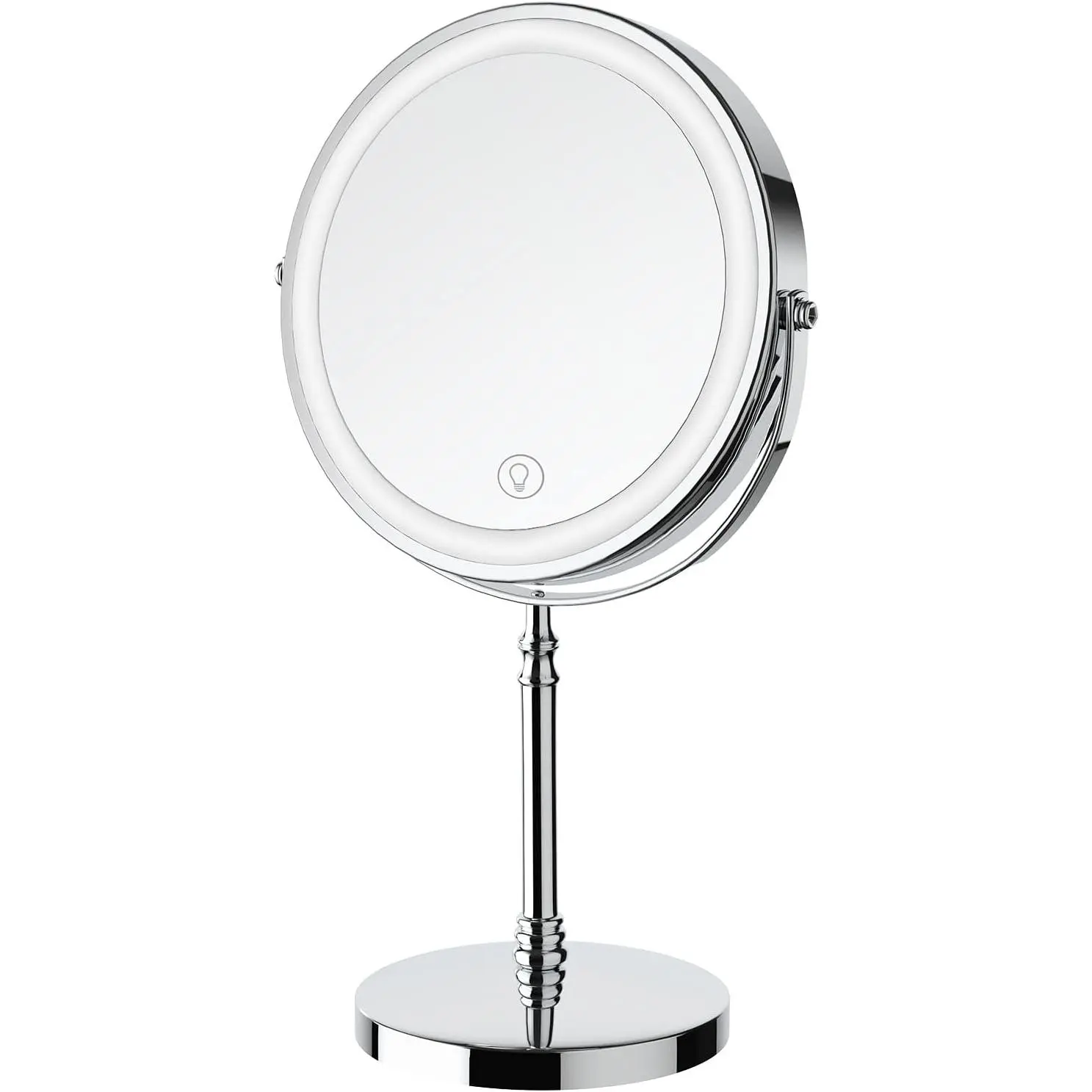 Round LED Lit Vanity Mirror - Home Essential, 3000 mAh Rechargeable, Double-Sided 1x/10x Magnifying, 360° Rotatable, Dimmable Brightness, Pearl Nickel Metal Finish, Afternoon Daylight Mode, Anti-Slip Design, for Fur & Skin Care, Morning Office Work