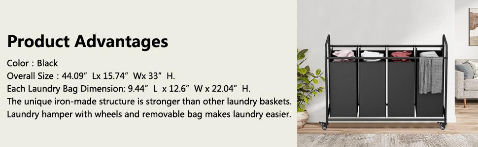 4 Bag Laundry Basket Sorter Cart with Storage Shelf Laundry Hamper with Rolling Wheels for Clothes Storage Laundry Organizer Large Capacity Multifunctional Household Metal Organizer