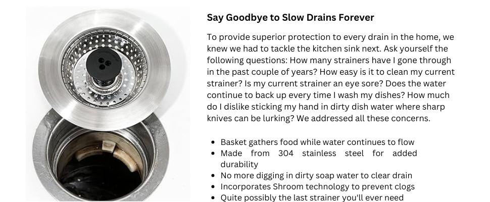 Kitchen SinkShroom Revolutionary Clog-Free Stainless Steel Sink Strainer, Chrome Gray - Kitchen Sink drain strainer