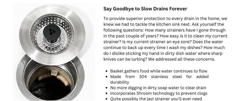 Kitchen SinkShroom Revolutionary Clog-Free Stainless Steel Sink Strainer, Chrome Gray - Kitchen Sink drain strainer