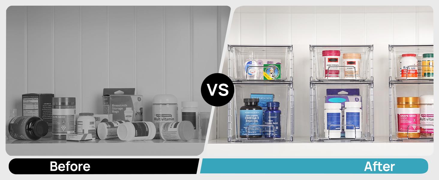 【Baby Bottle Station】VTOPMART 6 Pack Stackable Clear Drawer Organizer for Organizering Nursing Bottles,Candy,Snacks,Makeup,Cosmetics,Tampons,Medicines,Pantry,Under Sink,Closet,Bathroom, with Free Stickers