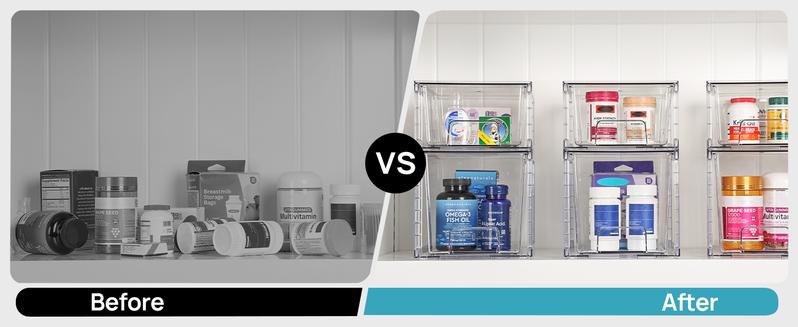 VTOPMART 6 Pack Stackable Clear Drawer Organizer for Organizering Nursing Bottles,Candy,Snacks,Makeup,Cosmetics,Tampons,Medicines,Pantry,Under Sink,Closet,Bathroom, with Free Stickers,Valentines Gift Ideas