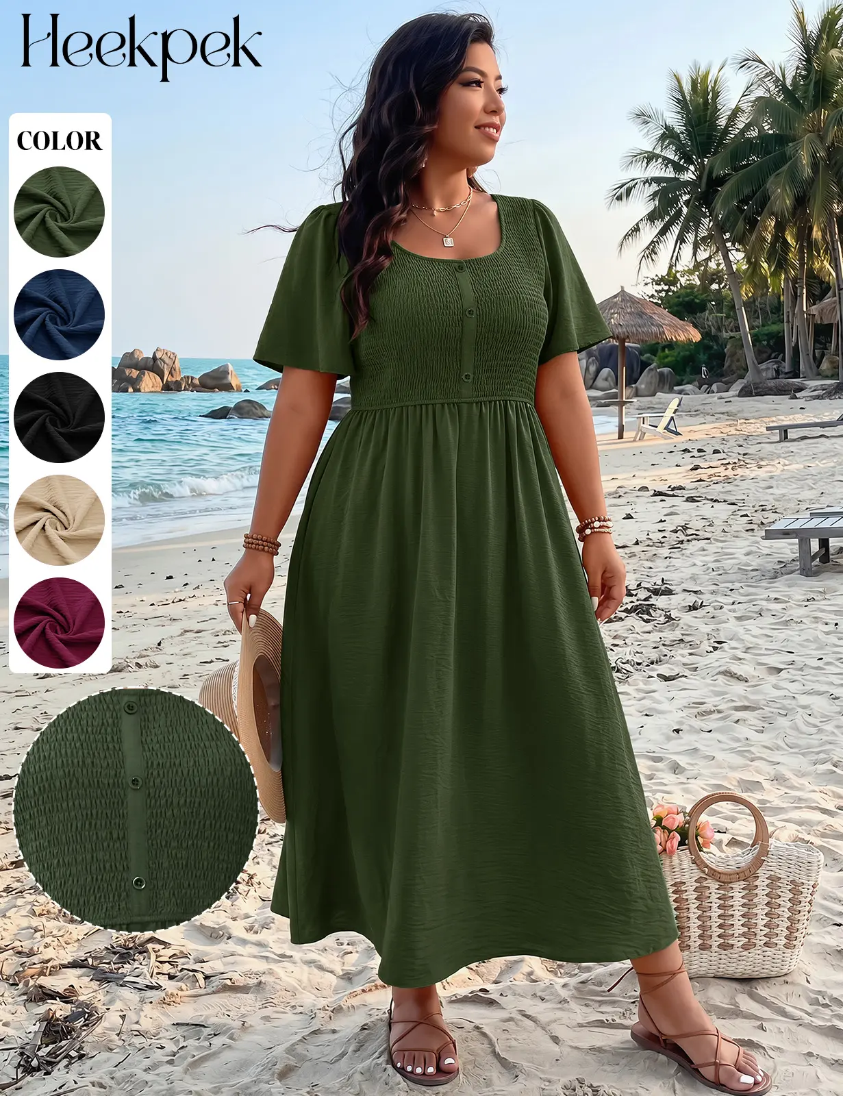 HEEKPEK Women's Crew Neck Casual Dress, Ready to Wear A-Line Midi with Smocked Bust and Empire Waist, Short Sleeve Crinkle Fabric, Button, Women's Clothes