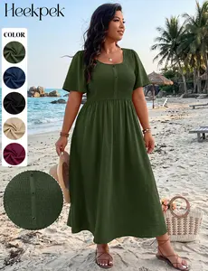 HEEPEK Women's Plus Size Short-Sleeve Round Neck Basic Casual Wear Ice Silk Crinkled Button Dress with Smocked Bust - Airflow, Beach-to-Bar 2026 Summer Resort-Chic Vacation-Ready Lady Dress