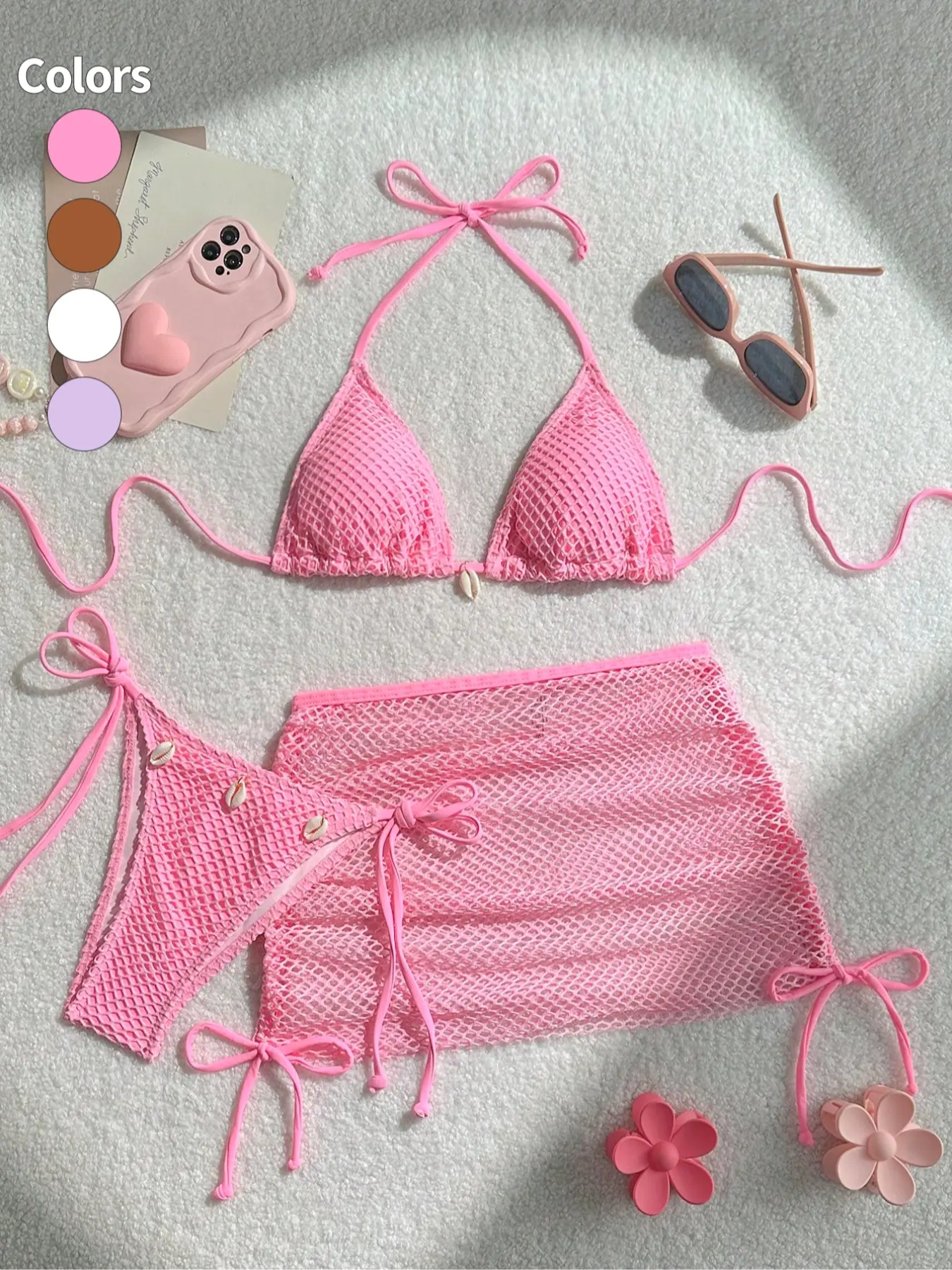 Women's Three-Piece Casual Vacation Bikini Set, Fishnet Halter Swim Top, Triangle Bikini Top, Matching Swim Bottoms and Mesh Skirt Cover-Up, Swimsuits, Bikini Outfits, Swimwear Sets, Suitable for Beach Vacations and Summer Leisure
