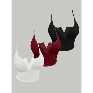 Women's Knit Polyester Tank Tops Set - 3pcs Set with Button Detail, Casual Solid Color, 95% Polyester 5% Elastane, All-Season Spaghetti Strap Tops tank tops tube tops western outfits women babydoll tops crop tops shoulder top