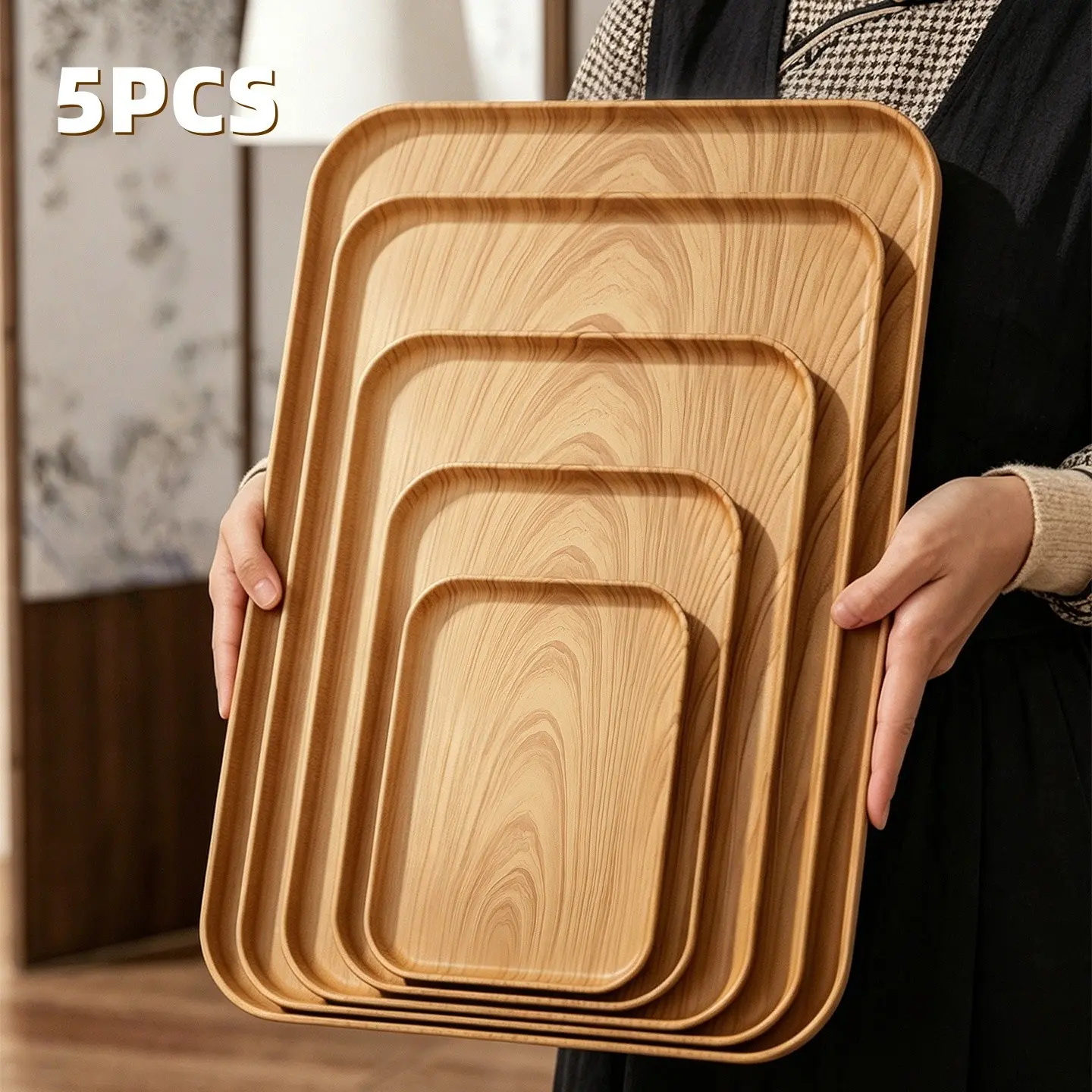5-Piece Food-Grade Tea Cup Tray Set, Rectangular Coffee Serving Tray, Wood Grain Dessert Tray, Decorative Fruit Tray, Breakfast Food Tray, Multi-Functional Snack Tray Home, Tableware Table Setting