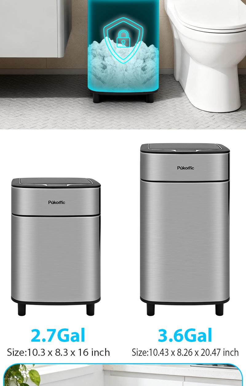 Pukomc Motion Sensor Trash Can 3.6Gal Stainless Steel with Black Lid Touchless Operation Automatic Dustbin Space Saving Bin for Kitchen Bathroom Office Easy Clean Hands Free Motion Induction